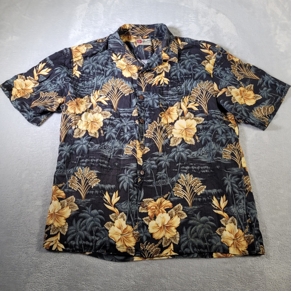 Hilo Hattie Shirt Men XL Black Yellow Hawaiian Floral Hibiscus Made In USA Aloha